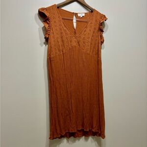 Ivy Boho Ruffle Short Sleeve V-Neck Flowy Fit Crotchet Top Mini Dress Orange